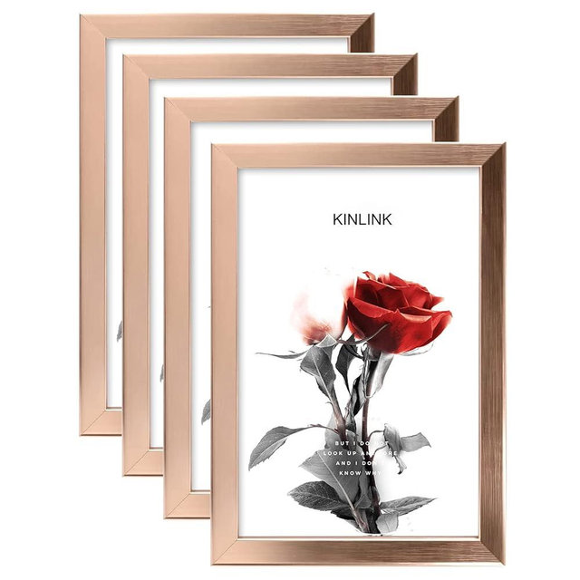 KINLINK 4x6 Picture Frames Rose Gold, Photo Frames with Real Glass for Table Top and Wall Mounting, Composite Wood Picture Frames for Horizontal or Vertical Display - Set of 4