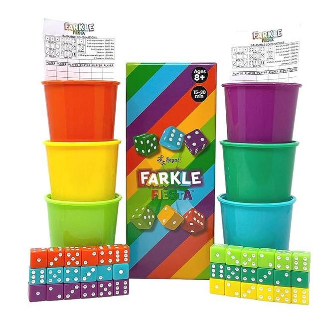 Regal Games - Farkle Fiesta - Fun Family-Friendly Dice Game - Includes 6 Multi-Colored Cups, 6 Sets of Colorful Dice, 20 Scorecards - Ultimate Party Game - Ages 8+