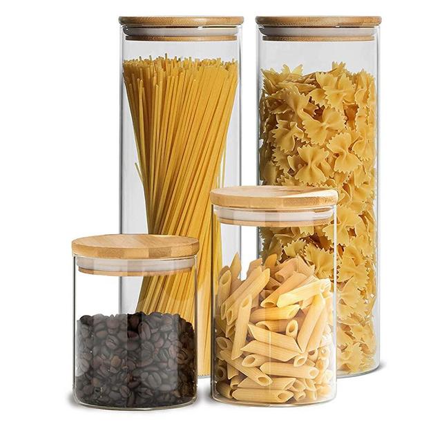 Glass Storage Containers, YULEER Glass Jar with Bamboo Lids, Airtight food Storage Canister for Spaghetti, Candy, Cookie, Cereal, Rice - Set of 4