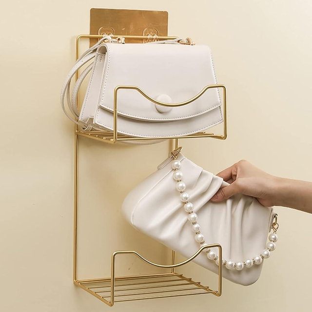 TRGGBH 2 Grids Pockets Hanging Handbag Storage, Bag and Purse Organizer Holder for Wardrobe Closet Door, Wall Mount Handbag Display Shelves, Metal Iron Material, Gold Modern Design