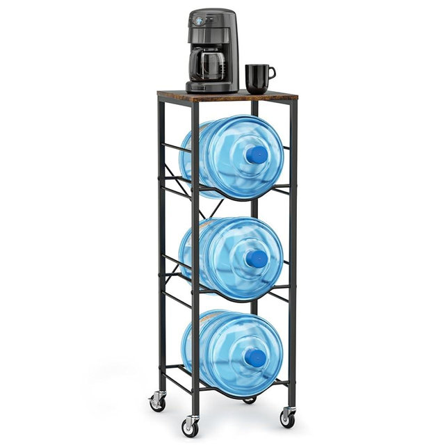 5 Gallon Water Jug Holder - 3-Tier Water Jug Rack with Wheel Reinforced X-Shape Design, 5 Gallon Water Jug Stand with Storage Shelves for Kitchen, Living Room, Office