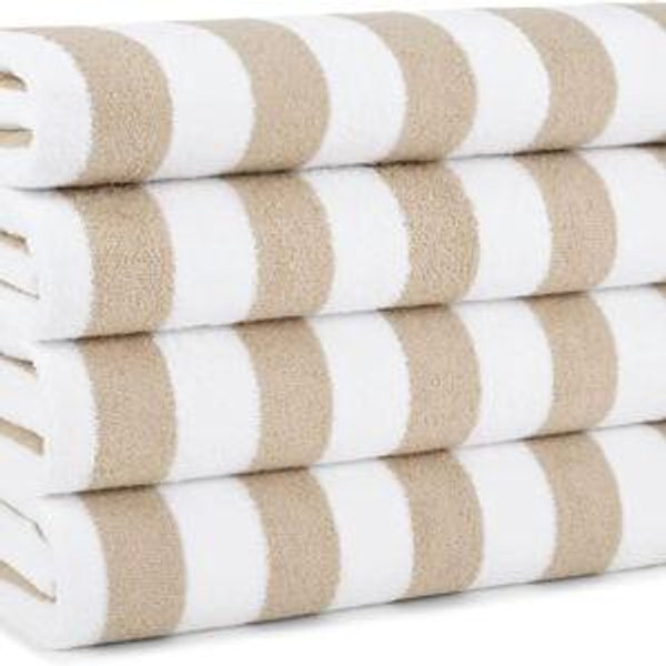 Beige Arkwright California Cabana Stripe Beach Towel - Pack of 4, Large Soft Quick Dry 100% Cotton Terry Towels Set for Pool, Swim, and Hot Tub, Oversized 30 x 70 in, Beige