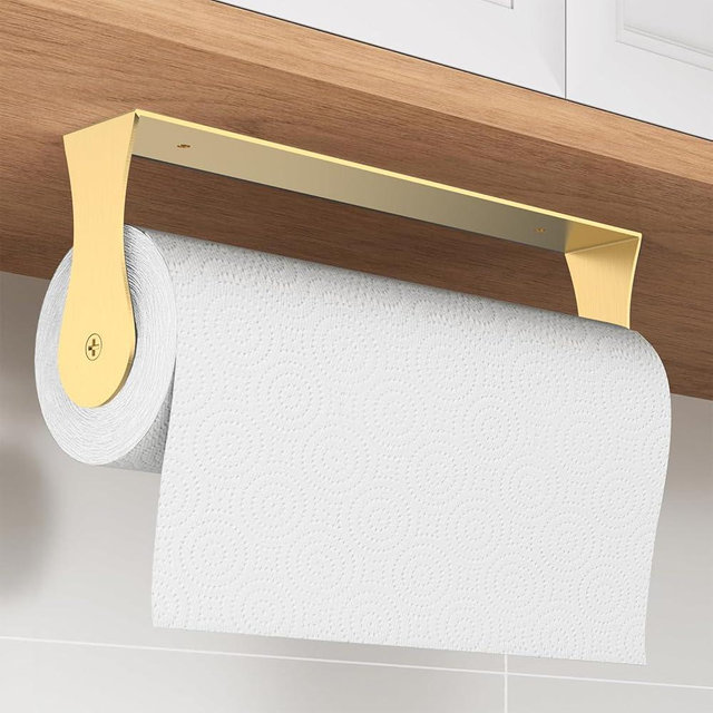 Paper Towel Holder Under Cabinet, Stainless Steel, Wall Mount Paper Towel Holder for Kitchen Bathroom, Adhesive or Screws, Gold