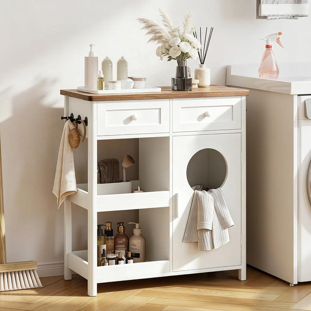 Laundry Hamper Cabinet, Hidden Laundry Storage Cabinet with 2 Drawers & Shelves, Removable Baskets Laundry Hamper with Clothes-Toss Hole for Bathroom, Bedroom, Living,White
