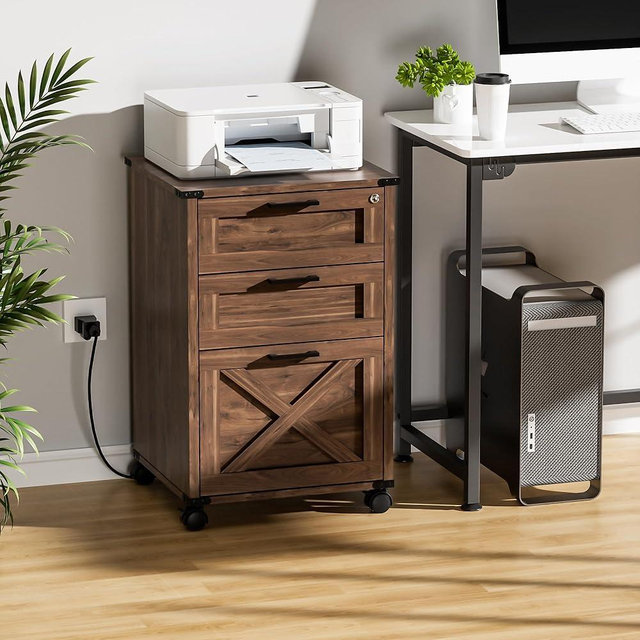Onelike Small Wood File Cabinet with Lock, Nightstand with Charging Station, 3 Drawer Under Desk Lateral Filing Cabinets for Home Office, Printer Stand with Storage, Brown