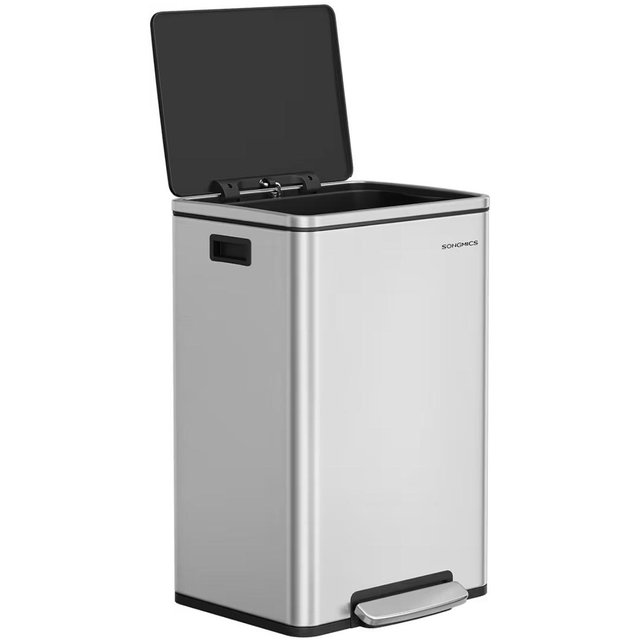 SONGMICS Trash Can, 13-Gallon Gabbage Can, with 15 Trash Bags, Stainless Steel, with Soft-Close Lid, Removable Inner Bucket, Handles, Silver ULTB595E01
