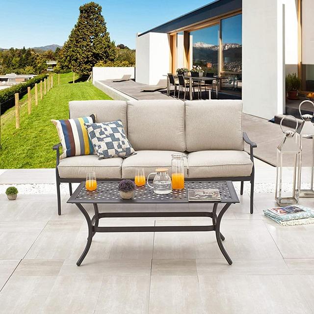 LOKATSE HOME 3 Seat Metal Patio Loveseat Bench Outdoor Furniture Bistro Set with Coffee Table for Lawn Front Porch Garden Yard or Poolside, Beige