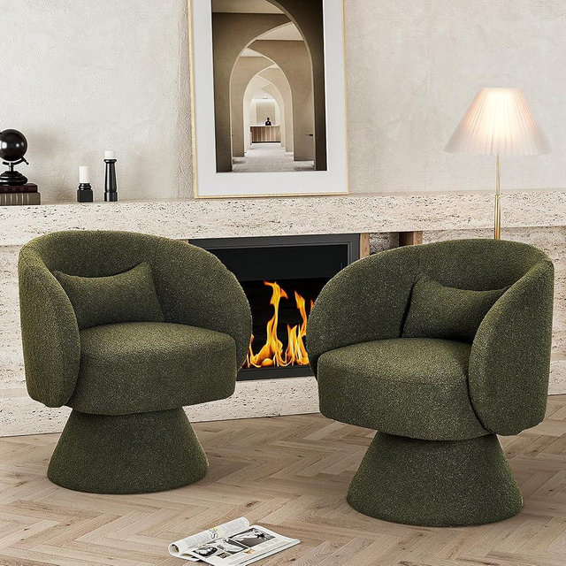 Nolohoo Swivel Barrel Chair Set of 2, Upholstered Swivel Cuddle Accent Sofa Chairs for Living Room, Comfy 360°Small Boucle Sherpa Barrel Armchair for Bedroom, Nursery (Emerald Green,Teddy)