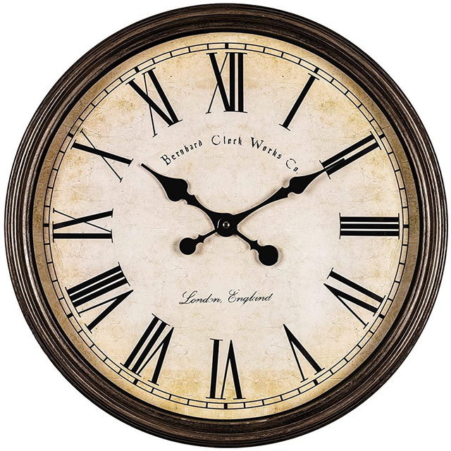Bernhard Products Large Decorative Wall Clock 20 Inch Silent Non Ticking Battery Operated Quartz Vintage Stylish with Rustic Dark Brown Rim for Home Living/Dining Room Kitchen & Over Fireplace