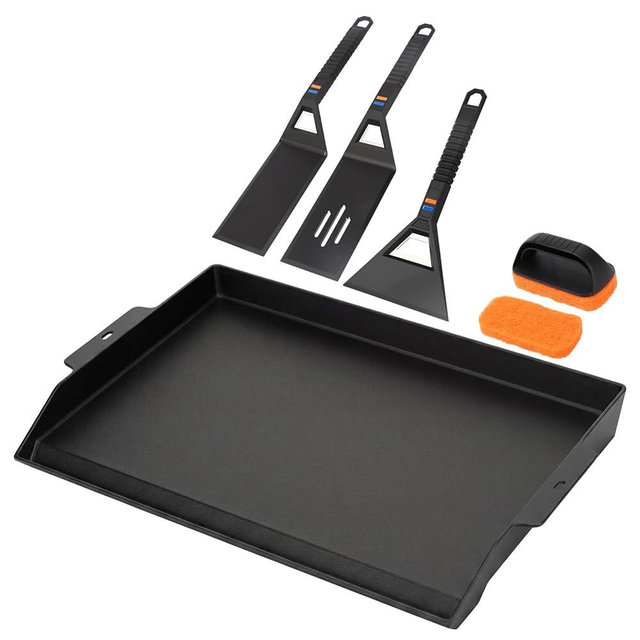 Utheer Griddle Kit, 25" x 16" Pre-Seasoned Cast Iron Flat Top Griddle with 5-Piece Scratch-Free Nonstick Safe Nylon Tools, Universal Grill Griddle for Gas Grill & Stove Top, BBQ, Camping and Cooking