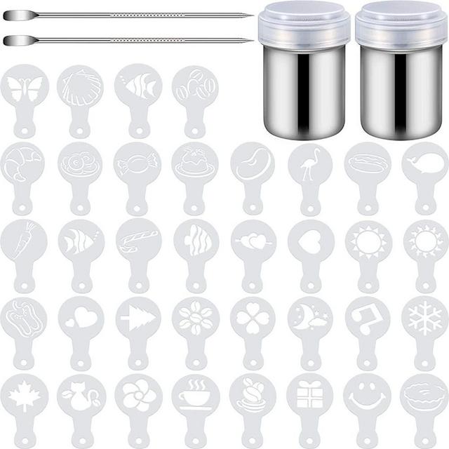 72 Pieces Coffee Decoration Stencils Coffee Art Template Coffee Mold Tool with 2 Coffee Latte Art Pen 2 Dusting Jars Mesh Powder Shaker for Cake Coffee Oatmeal Cappuccino Hot Chocolate