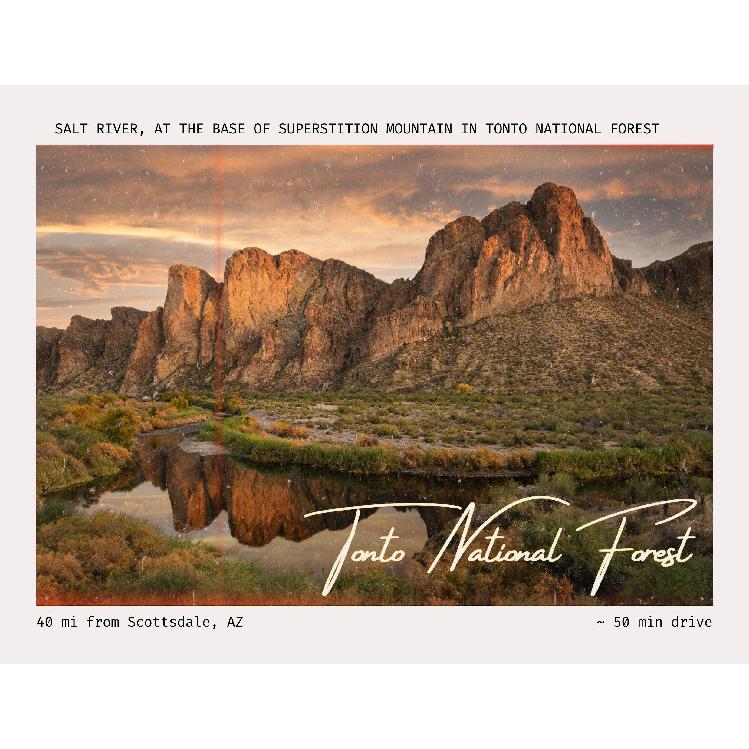 Arizona’s largest forest, Tonto spans 3 million acres—where saguaro deserts give way to lakes, rivers, and rugged peaks like the legendary Superstition Mountains.