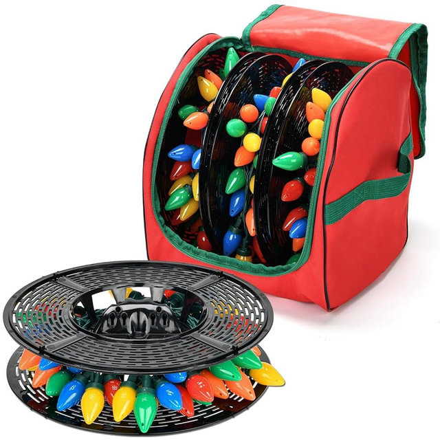 Keten Christmas Light Storage Bag, 600D Oxford Fabric Christmas Light Organizer with Reinforced Handles, 3 Reels Included to Hold 375ft Mini Christmas, Tree Lights & Extension Cords-Red