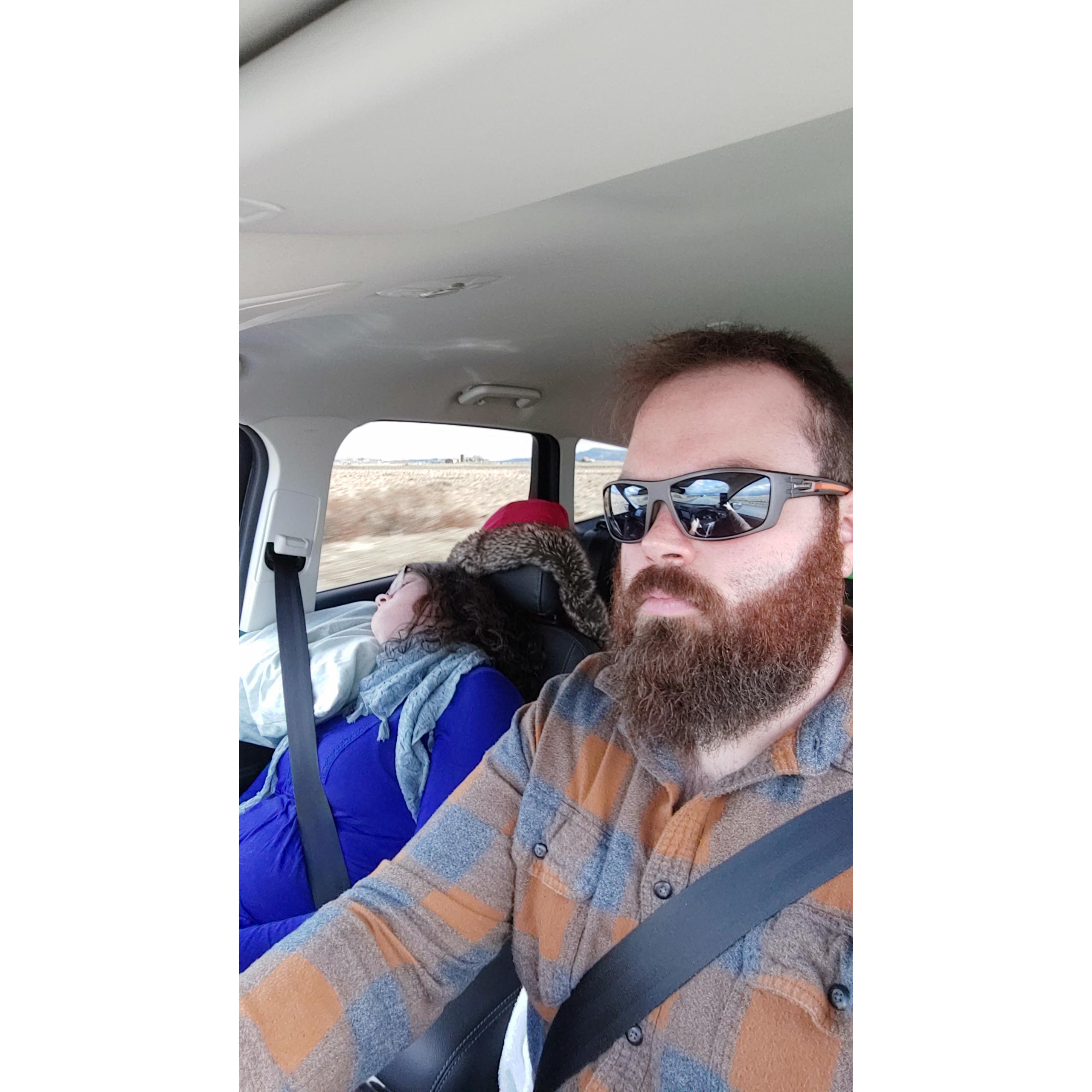 This is how we travel. I drive, Sarah sleeps.