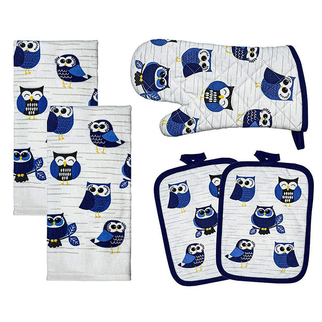 Franco Kitchen Designers Soft and Absorbent Cotton Towels with Pot Holders and Oven Mitt Linen Set, 15" x 25", Woodland Owls