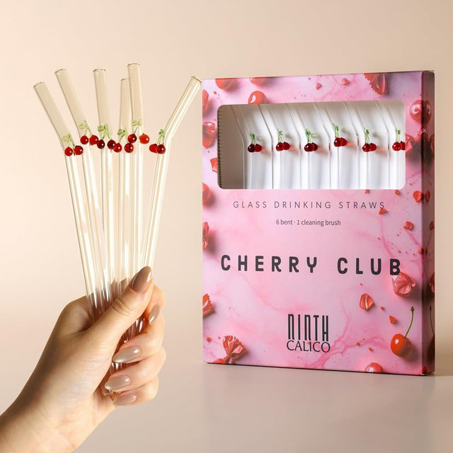 Reusable Glass Drinking Straws – Colorful, Durable, Shatter-Resistant – Includes 6 Specialty Straws & 1 Cleaning Brush – For Smoothies, Iced Coffee, Matcha (Cherry Club)