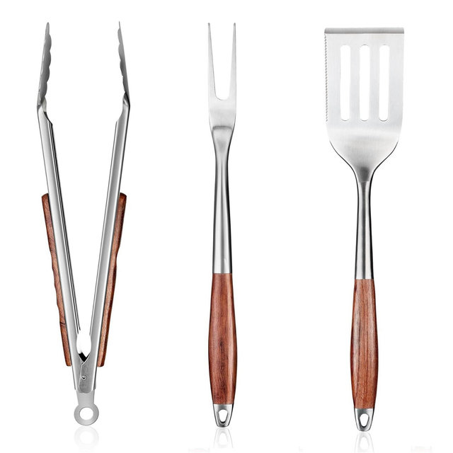 3pcs BBQ Grill Tools Set - Stainless Steel + Rosewood Handle Outdoor Grilling Utensils, Multi-Combination Barbecue Accessories for Backyard Camping