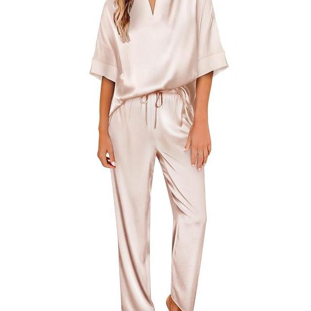Ekouaer Satin Pajama Set Womens Silk Short Sleeve V Neck Shirt with Long Pant Soft Loungewear Pjs Set