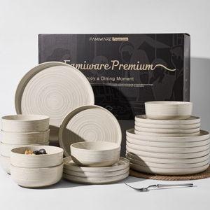 24-Piece Reactive Glaze Stoneware Dinnerware Sets for 8 - Coupe Plates & Bowls with Speckles & Spirals - Chip & Scratch Resistant, Microwave & Dishwasher Safe - Gift Box, Shell Beige