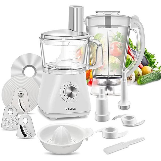 KTMAII Compact Food Processor Blender Combo, 5 Cup Bowl, Dough Blade, Mashing Blades, Slicing and Grating Discs, 500 Watts, CY-312, White