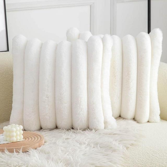 Neelvin Cream White Faux Fur Cozy Soft Striped Decorative Throw Pillow Covers 18x18 inch Set of 2,Velvet Pillowcase Cushion Case for Sofa Couch