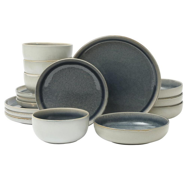 Gibson Elite Sunveil 16 Piece (Service for 4) Plates and Bowls Reactive Glaze Round Dishes Stoneware Ceramic Dinnerware Set -Blue