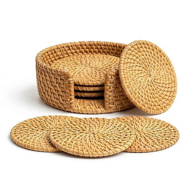 PURANEST Handwoven Rattan Coasters Set of 6 with Holder – Handmade in Vietnam, Natural Boho Table Decor, Heat Resistant Drink Coasters for Coffee Table & Home