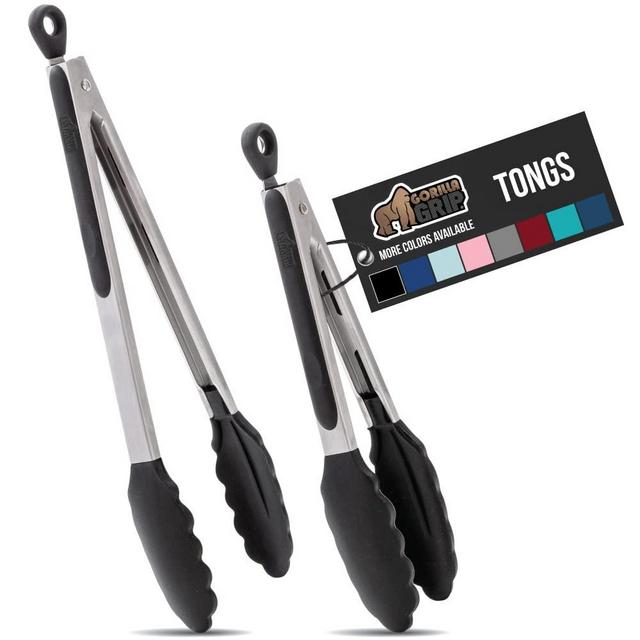Gorilla Grip Stainless Steel Silicone Tongs for Cooking, Set of 2, Includes 7 and 9 Inch Locking Kitchen Tong, Heat Resistant Tip, Strong Grip for Meat, Perfect for Nonstick Pans and BBQ, Black