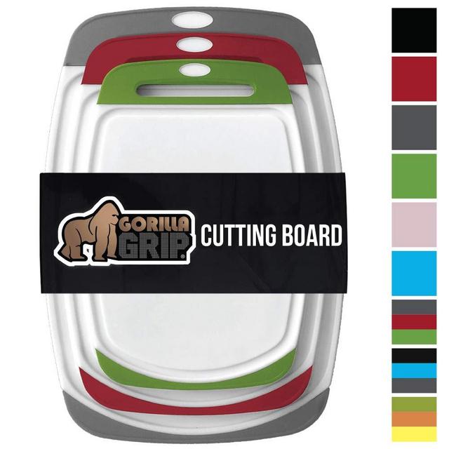 GORILLA GRIP Original Reversible Cutting Board (3-Piece), BPA Free, Dishwasher Safe, Juice Grooves, Larger Thicker Boards, Easy Grip Handle, Non-Porous, Extra Large (Set of Three: Gray, Red, Green)