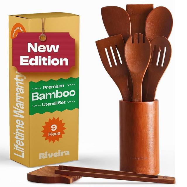 Riveira Premium Brown Bamboo Wooden Spoons for Cooking Set of 9 – Premium Brown Bamboo Wooden Cooking Utensils, Wooden Spatula, Wooden Spoon - Premium Quality Wooden Utensil Set for Non-Toxic Cooking