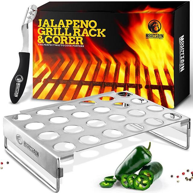 MOUNTAIN GRILLERS Jalapeno Poppers Holder for Grill with Corer - Large 24 Hole Pepper Rack and Tray with Core Tool - Perfect Popper Griller & Cooker - Dishwasher & Oven Safe