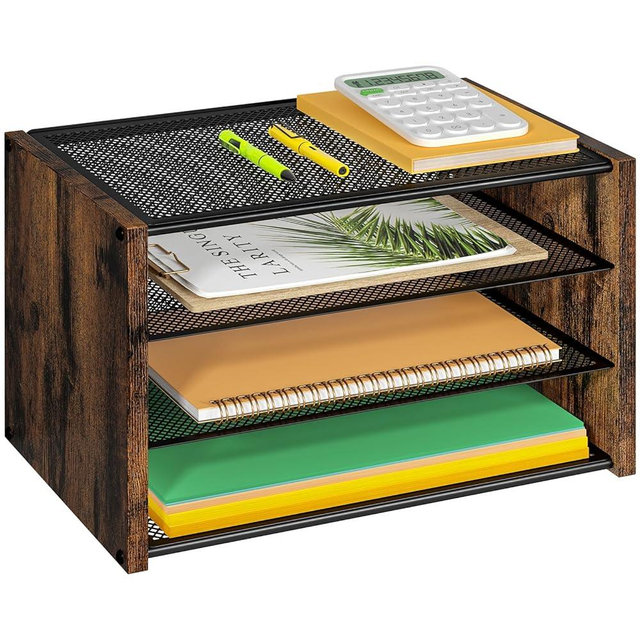 DAOUTIME 3-Tier Paper Organizer Letter Tray, Wooden Desk File Organizer, Stackable Metal Mesh Desk Organizer for A4 Printer Paper Storage. Small Paper Trays for Home Office School, Rustic Brown