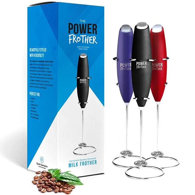 Milk Frother - Black Power Frother - Ultra Durable Electric Handheld - Battery Operated for Coffee, Protein Powder, Collagen, Pre-Workout, Greens, Matcha - Quiet & High Powered - Stand Included