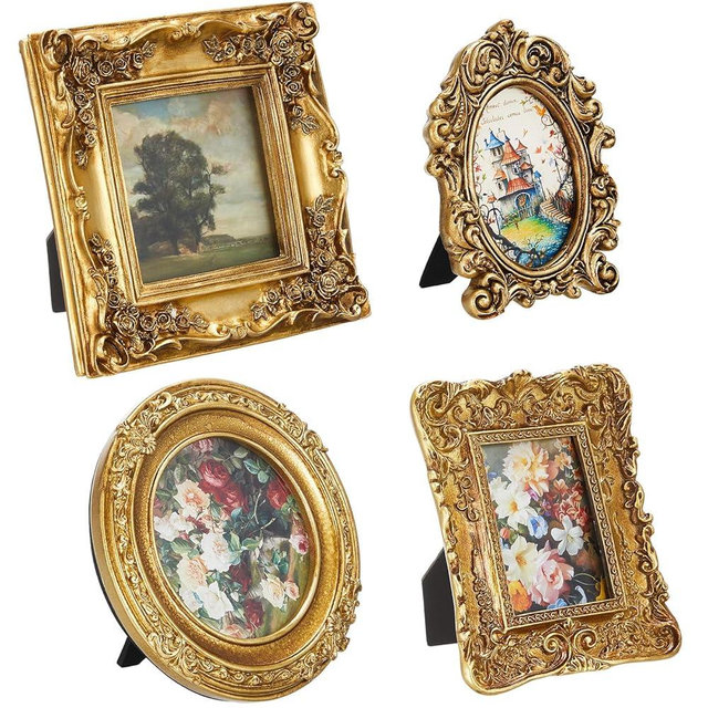 Qunclay 4 Pcs Small Vintage Picture Frame Round Rectangle Gold Ornate Antique Picture Frames for Tabletop Display Wall Hanging Home Decor(5.7" X 4.7",5.7" X 5.7",3.9" X 4.7",6.7" X 6.7")