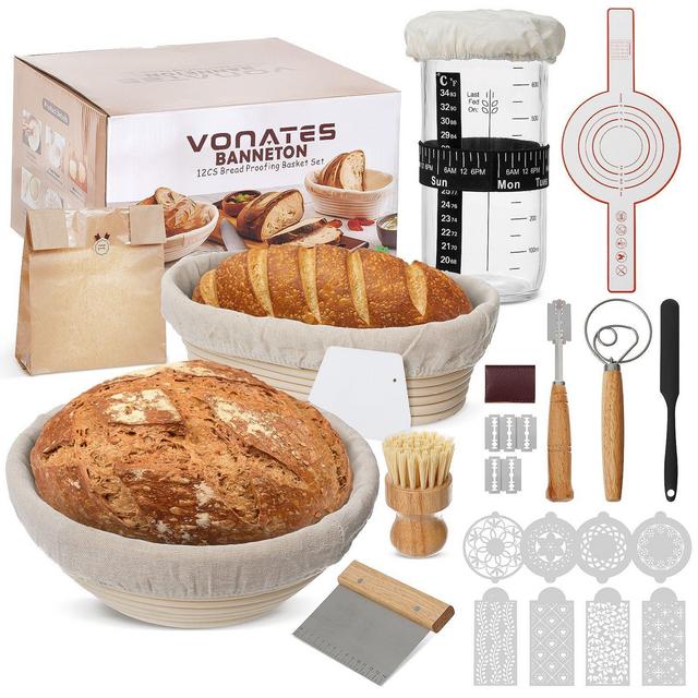 VONATES Upgraded Sourdough Bread Making Kit – 9" Round & 10" Oval Banneton, Starter Jar & More for Home Bakers