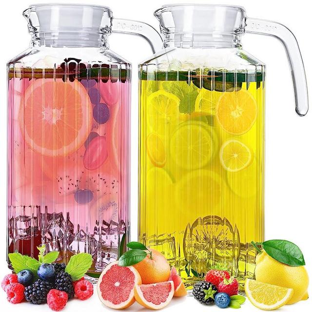 2 Pcs Glass Pitcher with Lid and Spout Ribbed Fridge Pitcher Clear Glass Water Pitcher with Handle Juice Containers with Lids for Fridge Water Jar Water Carafe Milk Jug for Iced Tea (55 oz)