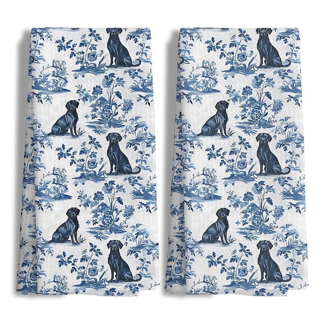 Nipil Chinoiserie Labrador Retriever Kitchen Towels Set of 2, Blue and White Botanical Grandmillennial Dog Decorative Dish Tea Towels, Labrador Retriever Gifts for Kitchen Bathroom Decor, 16x24 Inch