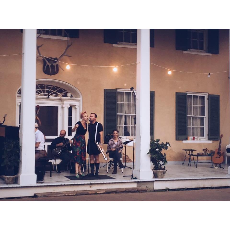 In our element, singing on the front porch of Welbourne at Jazz Camp a few years ago