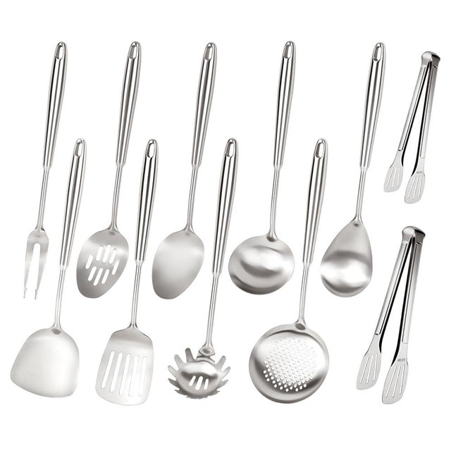 304 Stainless Steel Cooking Utensils Set, 11PCS Stainless Steel Utensils Set, Metal Cooking Utensils Set Include Meat Fork, Tongs, Turner, Soup Ladle, Dishwasher Safe