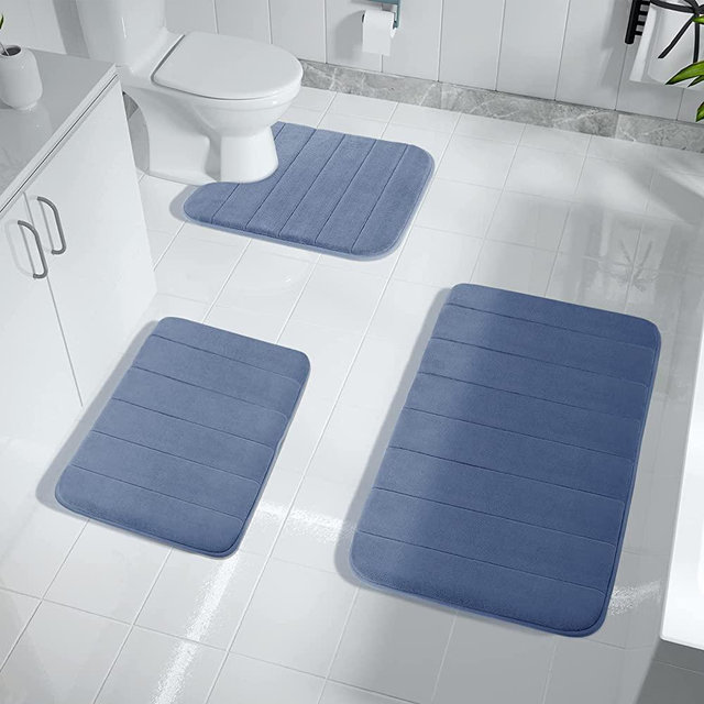 Yimobra 3 Pieces Memory Foam Bath Mat Sets, 31.5 x 19.8 + 17x24 and U-Shaped for Bathroom Rugs, Toilet Mats, Non-Slip, Soft Comfortable, Water Absorption, Machine Washable, Denim Blue