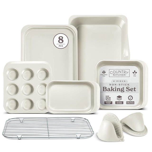 Country Kitchen Nonstick Stackable Bakeware Set - Deluxe Heavy Duty, Durable, Easy Release Baking Set, 8 Pcs, Cream
