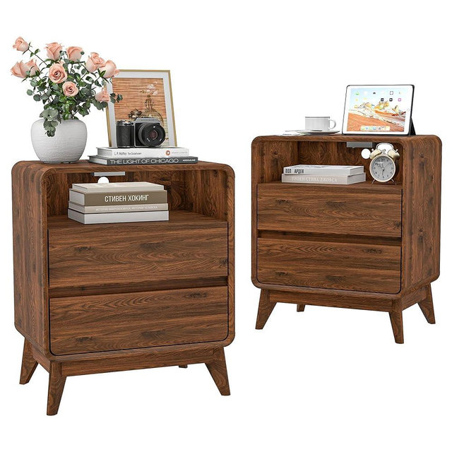 ENOUSHU Walnut Night Stand Set of 2 with Charging Station, Wooden Nightstand with 2 Storage Drawers and Open Shelf, Couch Side Table with Outlets for Living Room/Bedroom
