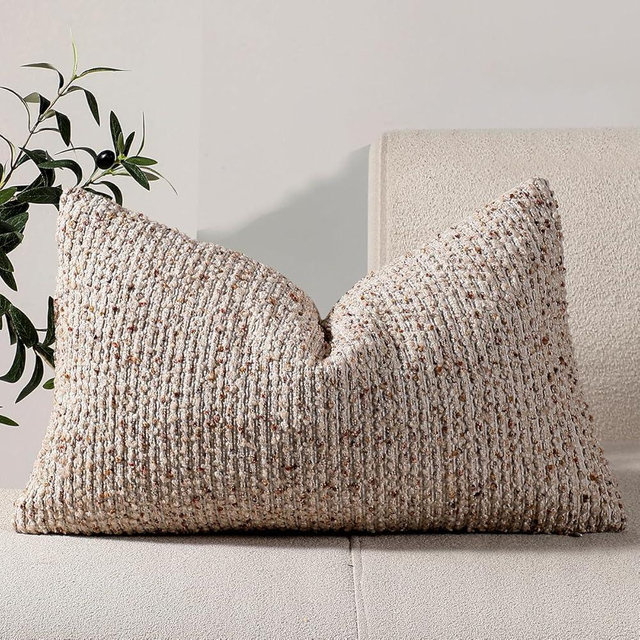 DEZENE 12x20 Beige Lumbar Pillow Cover Textured Boucle Striped Chic Morden Boho Accent Farmhouse Rectangular Decorative Couch Pillow Case for Home Decor Bed Sofa Living Room