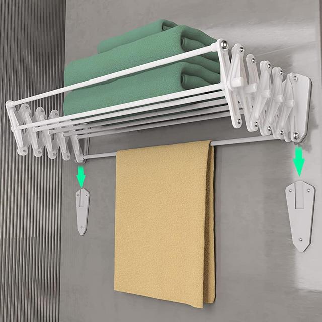 NUTSAAKK Wall Mounted Drying Rack Clothing for Laundry Foldable, Clothes Drying Rack Folding Indoor, Laundry Drying Rack with 7 Plastic Rods, Accordion Retractable for Laundry/Bathroom (White)