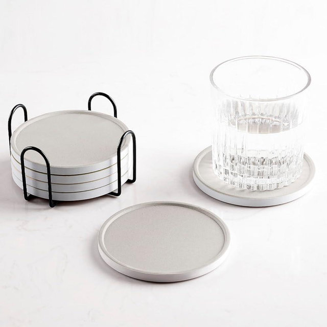 Hoomey Set of 6 Warm Gray Coasters with Holder, Absorbent Ceramic Drink Coasters with Cork Backing for Table Protection, Table Decor, Housewarming Gifts