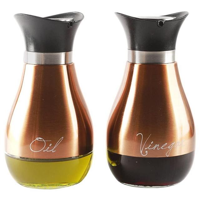 Circleware Cafe Copper and Glass Olive Oil and Vinegar Dispenser Bottles Set of 2, Kitchen Preserving Glassware for Salad Dressing, Cooking, Home Decor & Best Selling Gifts, 13.6 oz, Contempo
