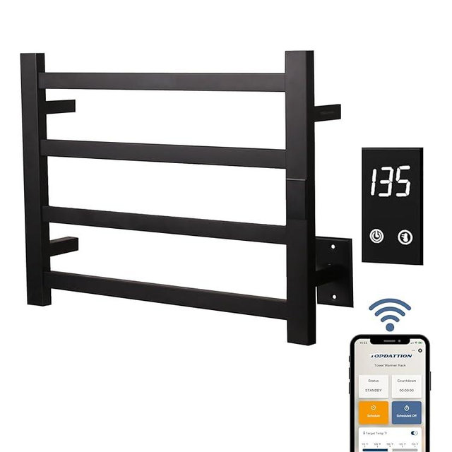 Topdattion Smart Wireless Electric Towel Warmer | Blade Thin 4 Bar Design | Hardwired & Plug-in | Alexa & Google Home Compatible | Matte Black Finish
