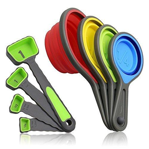 Measuring Cups and Spoons set, Collapsible Measuring Cups, 8 piece Measuring Tool Engraved Metric/US Markings for Liquid Dry Measuring, Space Saving, BPA Free Silicone, Colorful
