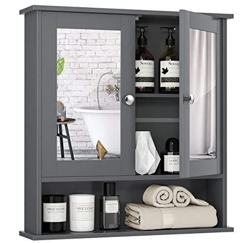 Tangkula Bathroom Cabinet Double Mirror Door Wall Mount Wood Storage Shelf (Gray)