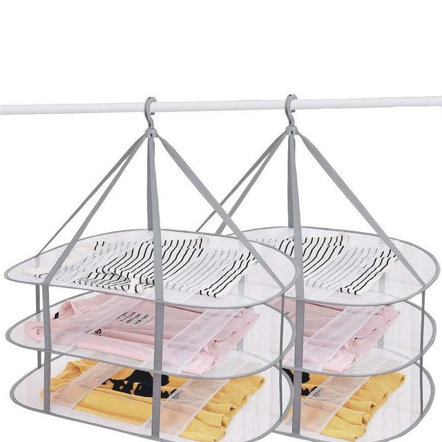 SUNTRY (2 Pack) 3-Tier Folding Clothes Drying Rack, Windproof Foldable Cloth Dryer with Fixing Band, Collapsible Hanging Laundry Rack for Sweater - Outdoor, Indoor, Potable